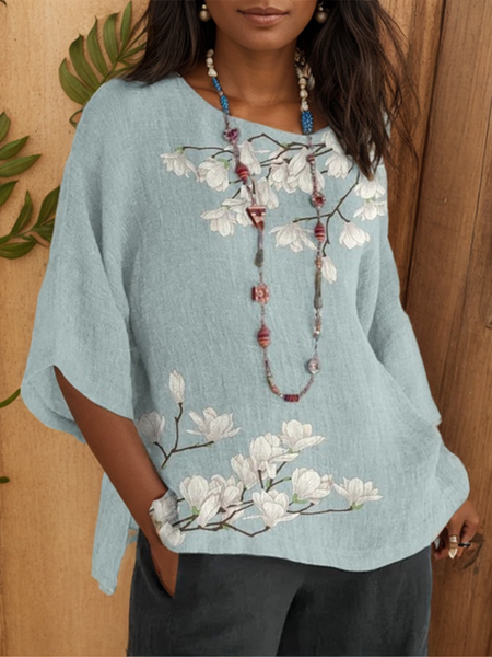 

Floral Casual Linen Shirt, Green, Short/3/4 Length Sleeve