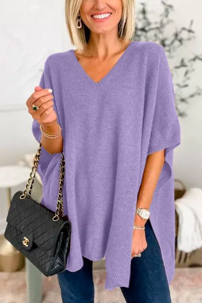 

Plain Casual V Neck Loose Sweater, Purple, Sweaters & Cardigans