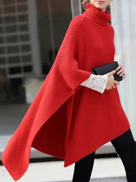 Asymmetric Plain Raglan Sleeves Casual Loose Sweater, Red, Pullovers