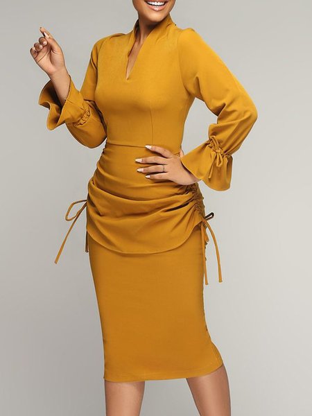 

V Neck Tight Ruffle Sleeve Elegant Plain Dress, Yellow, Midi Dresses