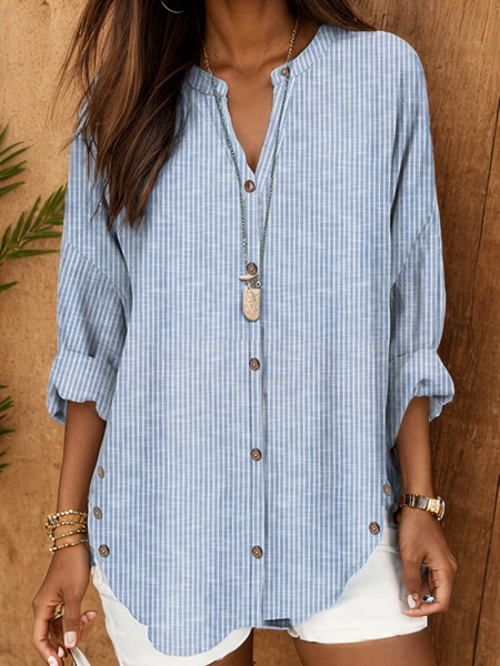 

Cotton Striped Loose Casual Shirt, Blue, Long/Full Length Sleeve
