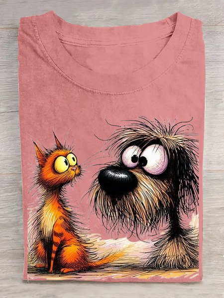 Crew Neck Cat Casual Loose T-Shirt, Orange pink, T-shirts