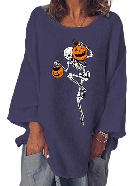

Crew Neck Long Sleeve Halloween Regular Micro-Elasticity Loose Blouse For Women, Purplish blue, Blouses