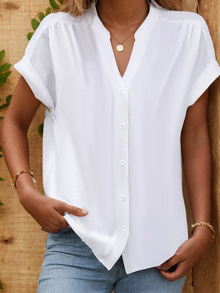 

Linen Notched Loose Vacation Shirt, White, Short/3/4 Length Sleeve
