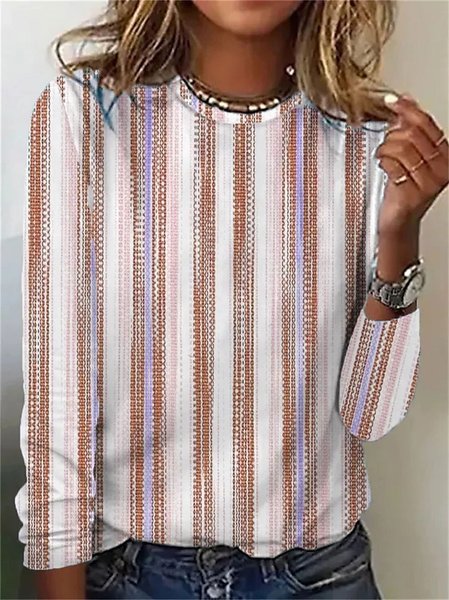 

Striped Casual Crew Neck T-Shirt, Red, Long sleeves