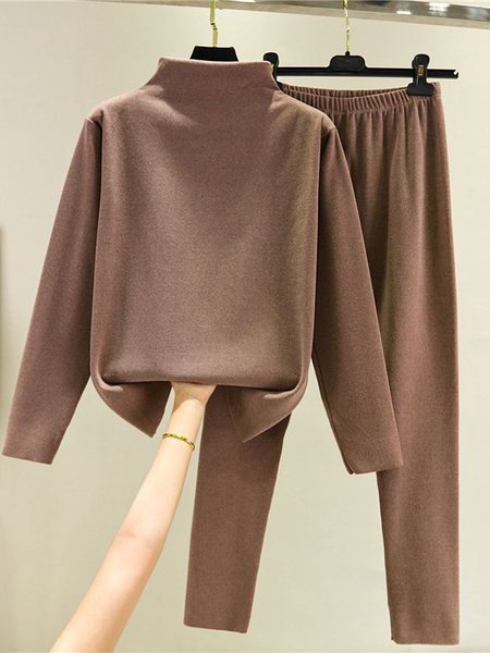 

Women's Cashmere Plain Daily Going Out Two Piece Set Long Sleeve Casual Spring/Fall Top With Pants Matching Set, Khaki, Suit Set