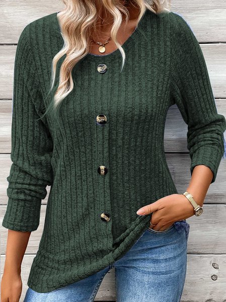 

Women's Long Sleeve Tee T-shirt Spring/Fall Plain Buckle Crew Neck Daily Going Out Casual Top, Army green, T-Shirts