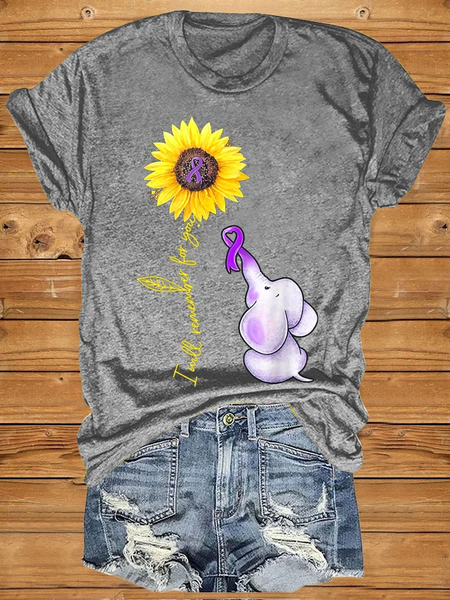

Women's Elephant I Will Remember For You Sunflower Alzheimer Print T-shirt, Light gray, T-shirts