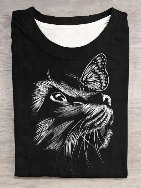 

Casual Cat Crew Neck Short Sleeve T-shirt, Black, T-shirts