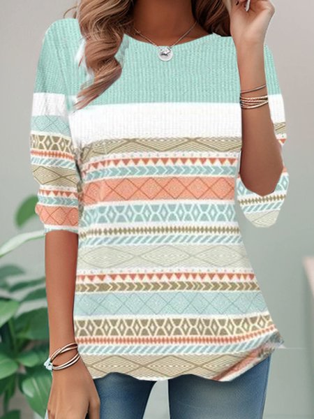 Casual Striped Crew Neck Long Sleeve T-shirt, Green, T-shirts
