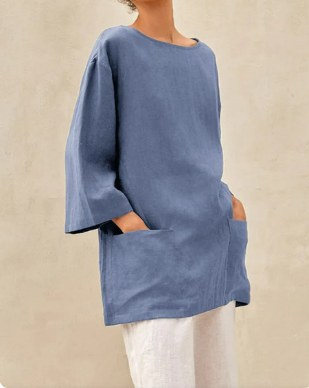 Loose Casual Crew Neck Shirt, Blue, Blouses & Shirts