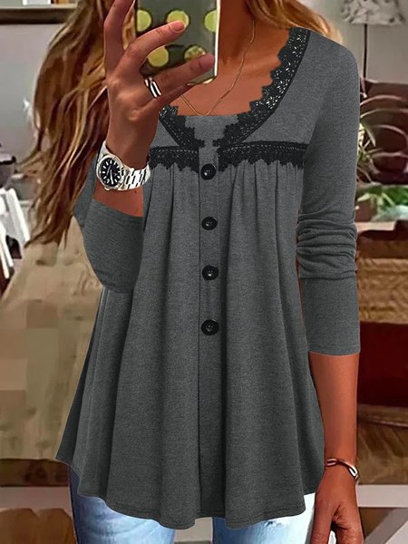 

V Neck Long Sleeve Plain Lace Regular Micro-Elasticity Loose Blouse For Women, Gray, Blouses