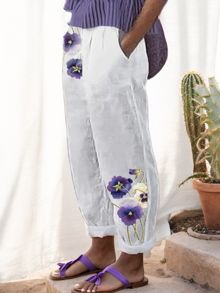 Loose Cotton Vacation Floral Pants, White, Pants