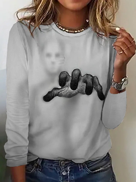 Casual Halloween Crew Neck Long Sleeve T-shirt, Gray, T-shirts