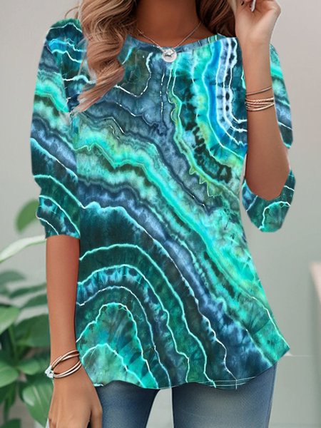 

Casual Abstract Crew Neck Long Sleeve T-shirt, Blue, T-shirts