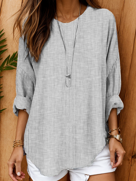 

Striped Casual Loose Shirt, Gray, Long/Full Length Sleeve