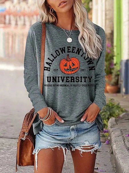 

Casual Halloween Crew Neck Long Sleeve T-shirt, Gray, T-shirts