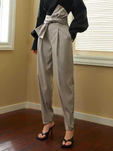 

Regular Fit Pocket Stitching Elegant Bow Pants, Gray, Pants