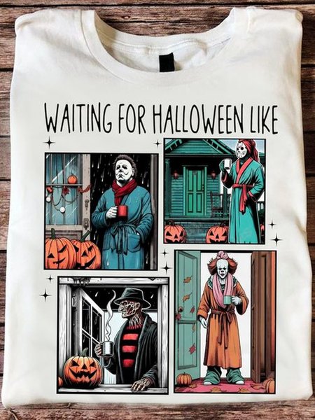 

Casual Halloween Crew Neck Long Sleeve T-shirt, White, T-shirts