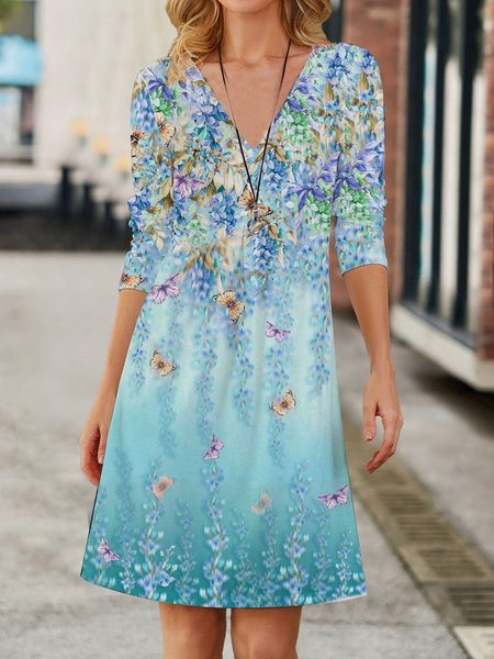 

Women's Long Sleeve Summer Floral Printing Jersey Dress V Neck Daily Going Out Vintage Midi A-Line TUNIC, Blue, Dresses