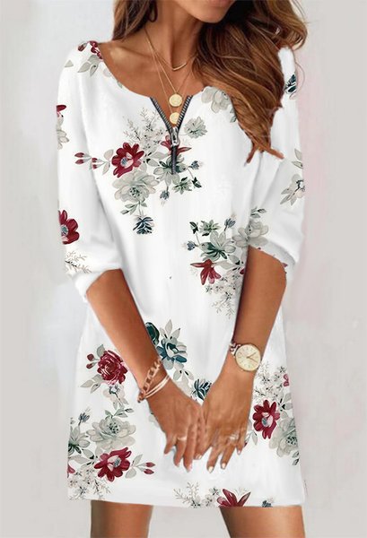 

Women Geometric Long Sleeve Comfy Casual Mini Dress, White, Dresses
