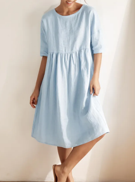 

Loose Plain Casual Cotton Dress With No, Blue, Midi Dresses