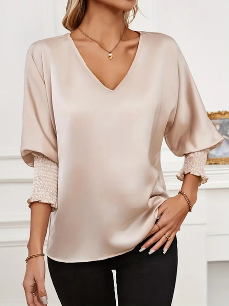 Women's Long Sleeve Blouse Spring Fall Apricot Plain V Neck Daily Going Out Casual Top