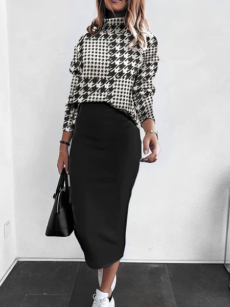 

Women's Floral Daily Going Out Two Piece Set Long Sleeve Casual Spring/Fall Top With Skirt Matching Set, Black, Suit Set