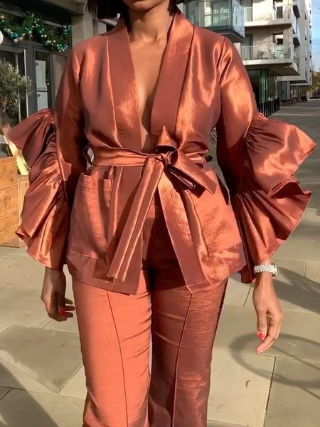 

Ruffle Sleeve Regular Fit Elegant Kimono With Belt, Red brown, Coats
