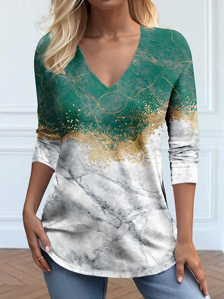 

Casual Abstract V Neck Long Sleeve T-shirt, Green, T-shirts