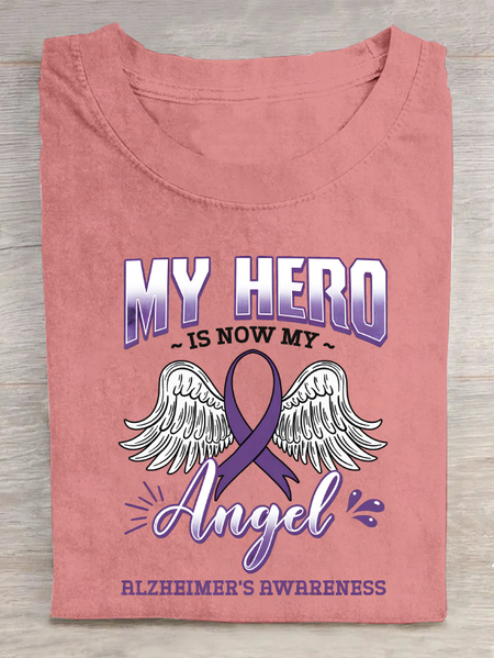 

My Hero Is Now My Angel Alzheimer's Awareness Cotton T-Shirt, Orange pink, T-shirts