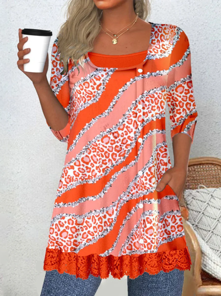 

Crew Neck Long Sleeve Abstract Lace Regular Regular Fit Blouse For Women, Orange, Blouses
