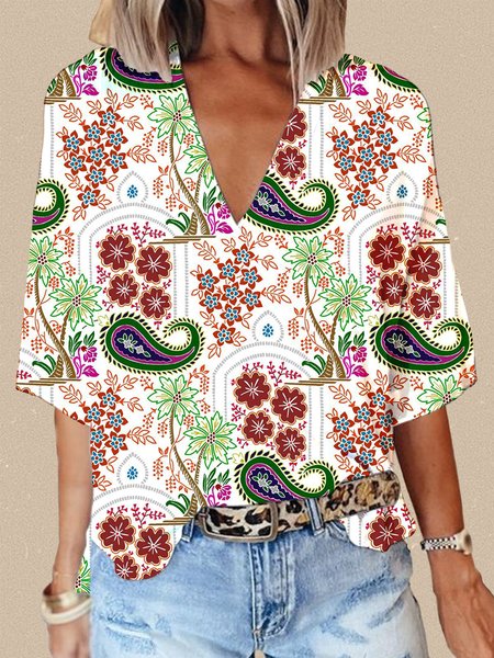 Casual Paisley V Neck Three Quarter Sleeve T-shirt, Dark green, T-shirts