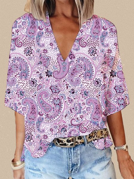 

Casual Paisley V Neck Three Quarter Sleeve T-shirt, Purple, T-shirts