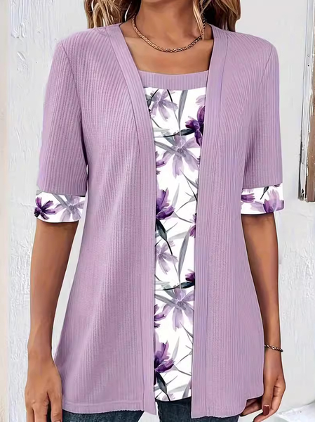 

Square Neck Long Sleeve Floral Regular Micro-Elasticity Loose Mock Two-Piece Blouse For Women, Light purple, Blouses