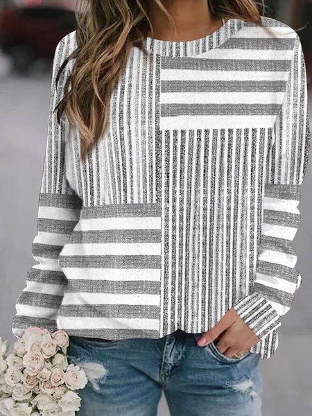 

Striped printed round neck casual hoodie, White-gray, Hoodies&Sweatshirts