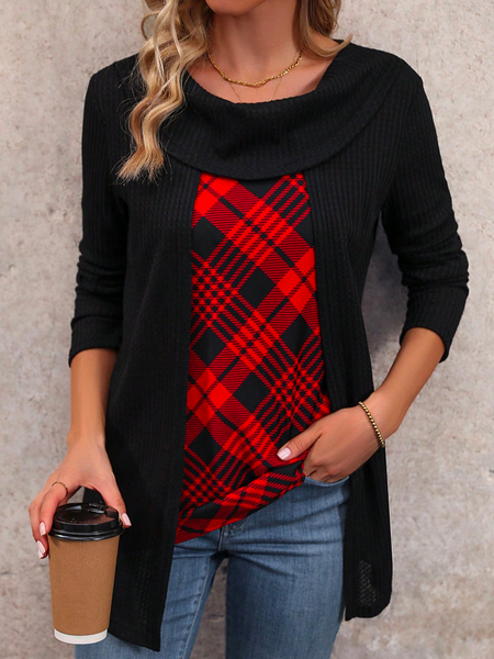 Long Sleeve Plaid Regular Micro-Elasticity Loose Mock Two-Piece Blouse For Women, Black, Blouses