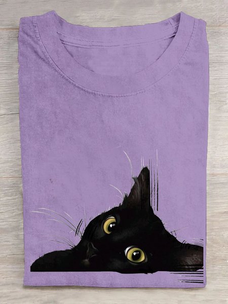 

Casual Cat Crew Neck Short Sleeve T-shirt, Purple, T-shirts