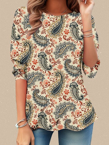 

Casual Floral Crew Neck Long Sleeve T-shirt, Purplish blue, T-shirts