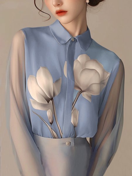 

Loose Elegant Floral Shirt Collar Long Sleeve Shirt, Blue, Blouses and Shirts