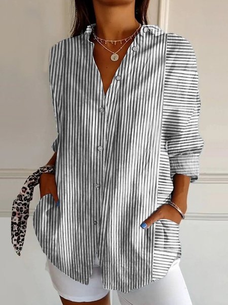 

Casual Loose Shawl Collar Cotton Shirt, Gray, Blouses & Shirts
