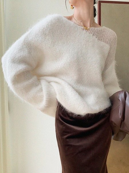 

Plain Daily Loose Crew Neck Long Sleeve Sweater, White, Pullovers