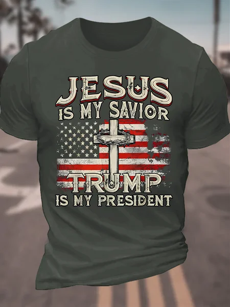 

Jesus Is My Savior Trump Is My President American Flag Cotton T-shirt, Dark gray, T-shirts