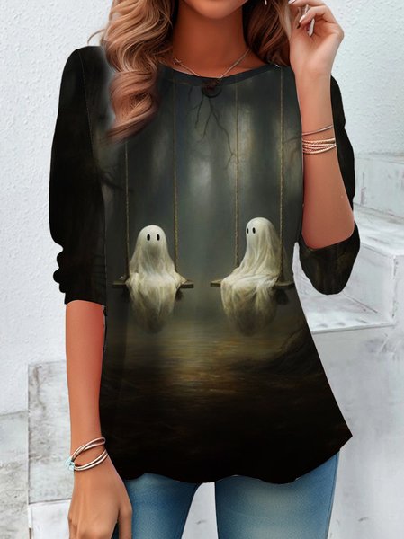 

Vintage Halloween Crew Neck Long Sleeve T-shirt, Black, Blouses