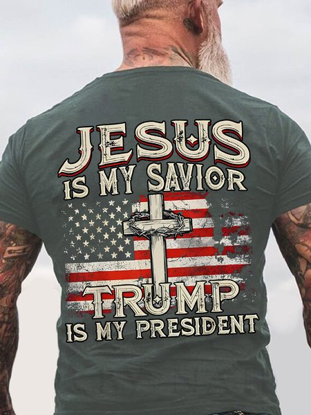 

Jesus Is My Savior Trump Is My President American Flag Back Cotton T-shirt, Dark gray, T-shirts