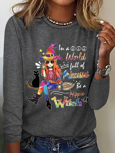 

Hippie Girl And Black Cat A Hippie Witch Halloween T-shirt, Deep gray, Long sleeves