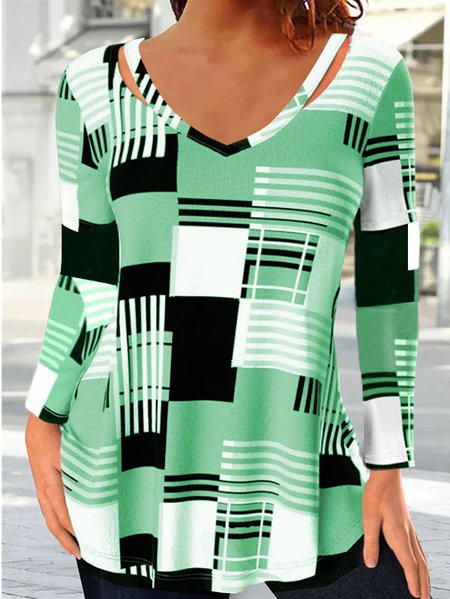 

V Neck Long Sleeve Plaid Regular Loose Blouse For Women, Green, Blouses