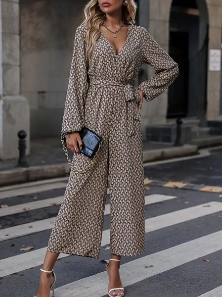 

Women Long Sleeve V Neck Regular Fit Long Daily Casual Geometric Natural Jumpsuit, Khaki, Jumpsuits&Rompers