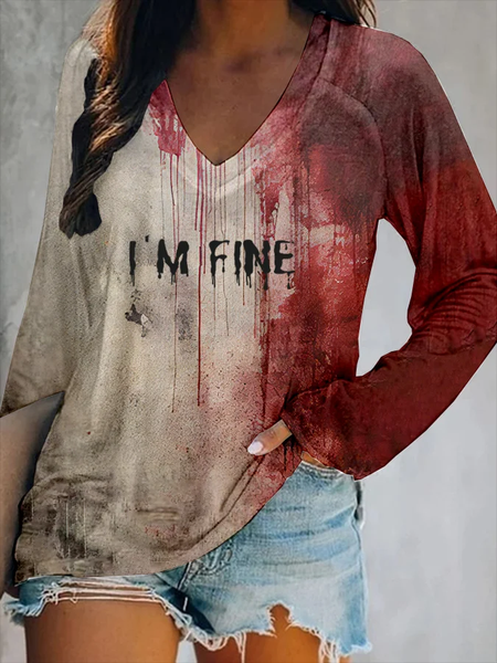 

Women's Bloody I'm Fine Halloween I‘m Ok Print V-Neck Long Sleeve T-Shirt, Red, Long sleeves