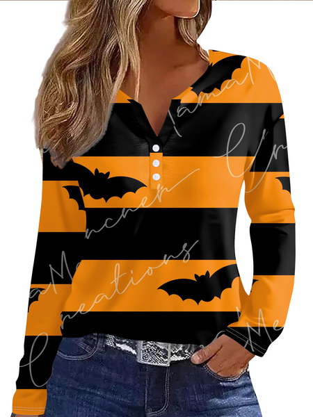 

Casual Halloween Notched Long Sleeve T-shirt, Black, T-shirts